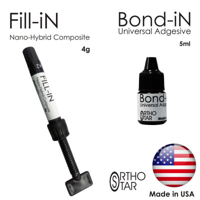 Композит нано-гібридний (пластичний) Fill-in в шприці (4г) з Bond-in (5мл) світлового затвердіння, Orthostar (США)
