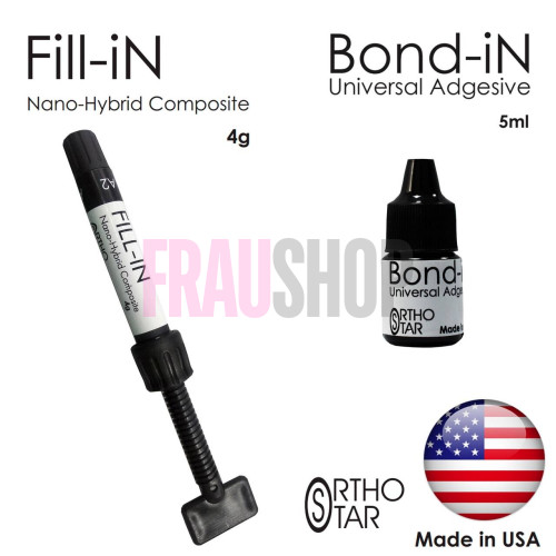 Композит нано-гібридний (пластичний) Fill-in в шприці (4г) з Bond-in (5мл) світлового затвердіння, Orthostar (США)